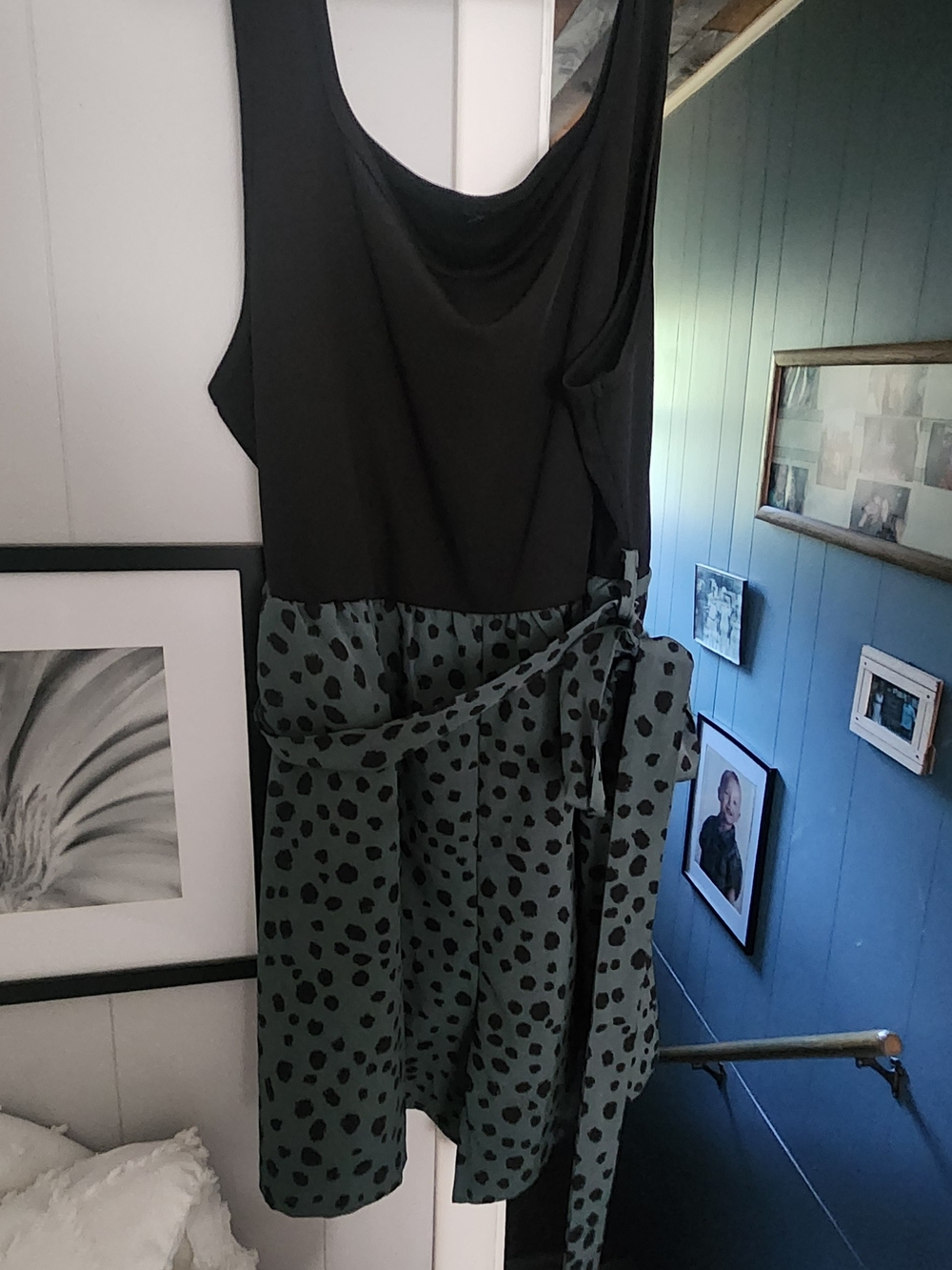 Sleeveless Black & Green Spot Midi Jumpsuit with Tie Waist